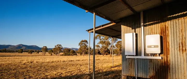 Battery and inverter mounted under a farm shed awning