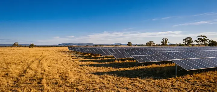 Ground-mounted solar array in a dry rural paddock