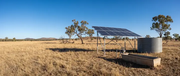 Solar powered pump, water tank and stock trough in a paddock